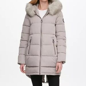 DKNY Water Resistant Puffer Jacket Small Thistle Taupe Gray Fur Hood Small
